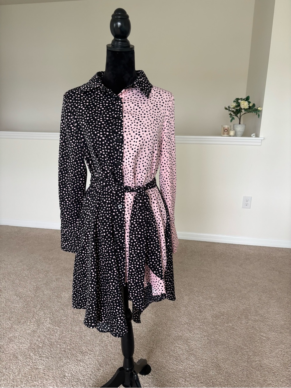 Gracia Asymmetrical Polka Dot Shirt Dress S/ М, Pink&Black